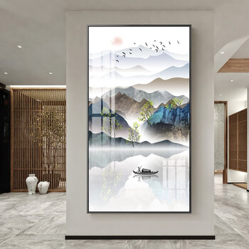 过道竖版挂画客厅走廊现代简约轻奢晶瓷画中国风水墨山水画壁画酒店