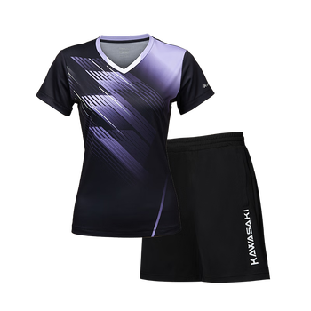 川崎（KAWASAKI）羽毛球服女款款专业运动V领短袖+短裤套装B2813 黑色 3XL