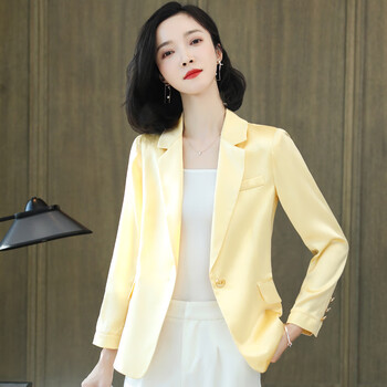 芯逸贝乐重磅真丝小西装外套女春秋通勤气质纯色桑蚕丝米黄色西服lx