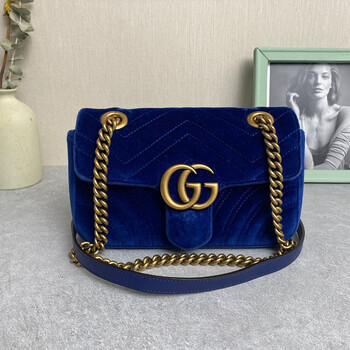 99新未使用展示品gucci/古奇深蓝色天鹅绒gg单肩斜挎手提包446744