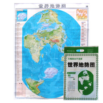 竖版世界地形图 大幅面0.9x1.1米 世界地图贴图折图 世界地势(1:125000000)