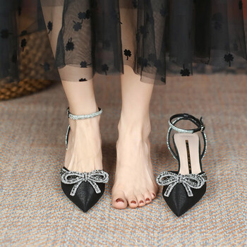 girlsbravo时装凉鞋女包头2023年新款法式水钻蝴蝶结名媛风伴娘结婚细