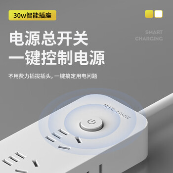 苏士赫尔摩【30W PD超级快充】扁头插排2USB+2Type-C 6位总控1.8米插线板/排插/拖线板/接线板 白色便携款