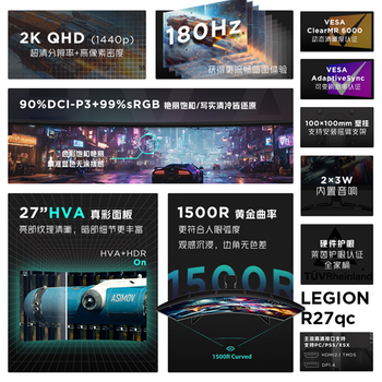 联想（Lenovo）拯救者27英寸 2K曲面 原生180Hz  护眼高色域  音箱  升降旋转 暗区突围电竞游戏显示器 R27qc-30