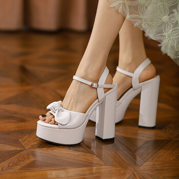 定制凉鞋女2022年新款夏季超高跟粗跟时尚蝴蝶结露趾14cm高跟鞋白色33