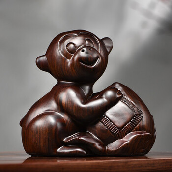 浣彩黑檀木雕猴子摆件工艺品十二生肖猴木头猴属猴客厅家居装饰品手工