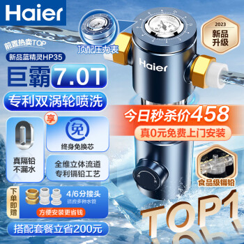 海尔蓝精灵 前置过滤器 7T大通量家用40微米免拆反冲洗大通量自来水全屋中央净化净水器隔铅工艺 HP35蓝精灵前置【升级7T大流量】