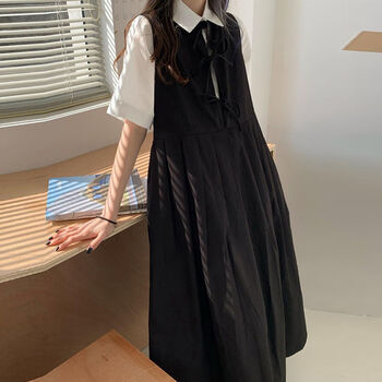 女孩连衣裙高中生初中生学生背带裙到脚踝高个子少女生夏黑色连衣裙s