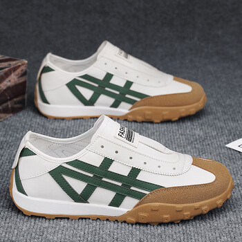 李寜秋季新款皮面无鞋带运动鞋男款休闲防滑轻便慢跑步鞋小白男鞋白绿