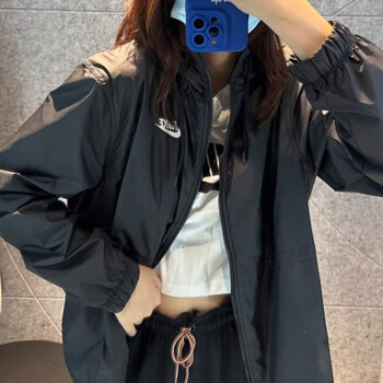 耐克（NIKE）女装夹克2025春季新款大勾子运动服休闲舒适防风梭织外套 DM6180-010黑色  XL