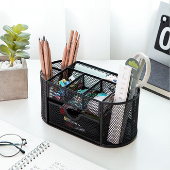 得力（deli）多功能九格组合笔筒  金属网办公桌面收纳盒  办公用品 黑色8902