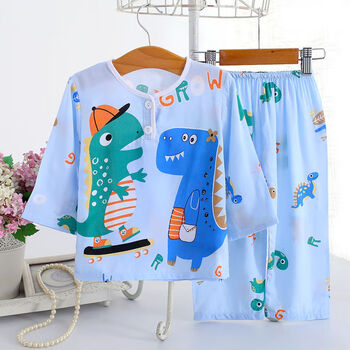 睡衣男童女童棉绸套装夏天小孩宝宝家居服薄款空调服蔚蓝色蓝恐龙75码