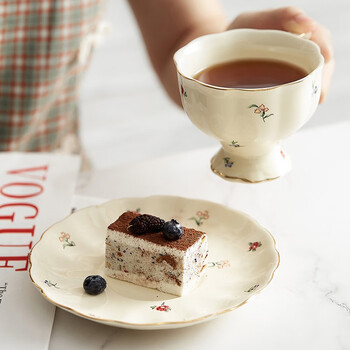 博为（BW）欧式描金咖啡杯2个装家用下午茶杯碟套装挂耳式田园风