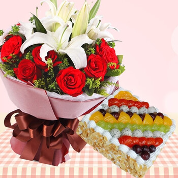 送闺蜜送爱人送长辈生日礼物全国同城配送11朵红玫瑰白百合6寸蛋糕