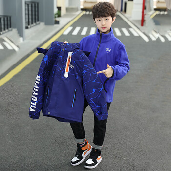 三合一夹棉冲锋衣可拆卸冬装新款中大童休闲夹克一件小孩衣服 蓝色