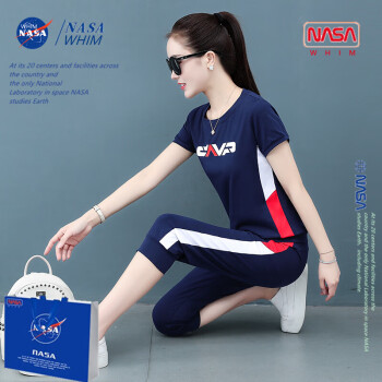 WHIM NASA运动套装女卫衣女夏季短袖七分裤女装跑步宽松韩版时尚大码女装胖 款2蓝色 M【80-95斤】