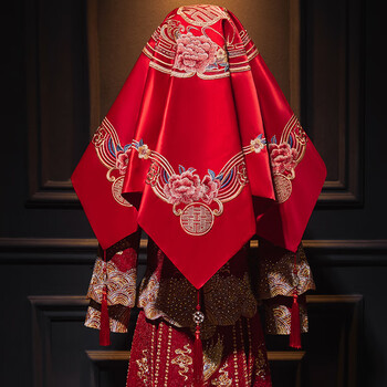 红盖头结婚礼盖头纱新娘中式刺绣红色秀禾服盖头加大喜帕龙凤 大红色