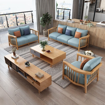 菩本家 北欧实木沙发组合家用客厅科技布现代简约民宿原木橡木沙发