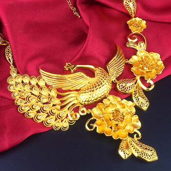 越南沙金橱窗金婚庆首饰凤凰花结婚套装华丽大气镀金仿金新娘饰品项链