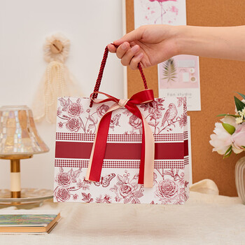 欧利文伴手礼小号包装袋中号纸袋手提袋儿童生日礼物袋子高档精致丝带礼品袋18x16x10cm 宝蓝紫幻4个装