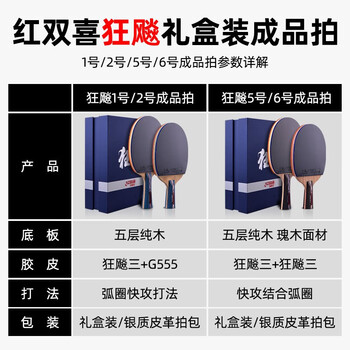红双喜（DHS）乒乓球拍NO.6狂飚横拍双面反胶附拍包+乒乓球