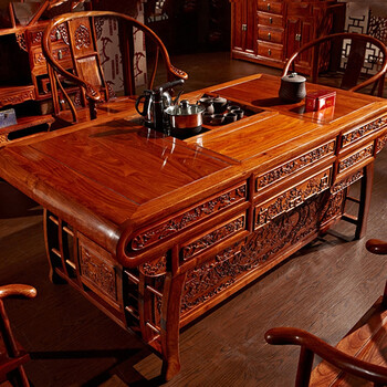 百家汇 红木家具非洲花梨(学名:刺猬紫檀)茶桌 实木茶桌椅组合 新中式