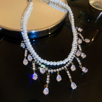 升南镶钻锆石水滴流苏珍珠双层项链时尚轻奢设计感锁骨链新款潮流颈链