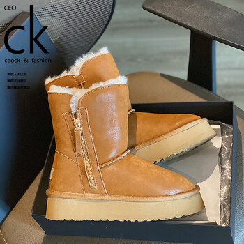 ceock轻奢女鞋品牌短筒雪地靴棉鞋女大棉牛皮加厚厚底款冬季保暖羊毛