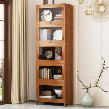 智简约现代落地书架学生图书馆书橱书房家用收纳架简易楠竹翻盖书柜