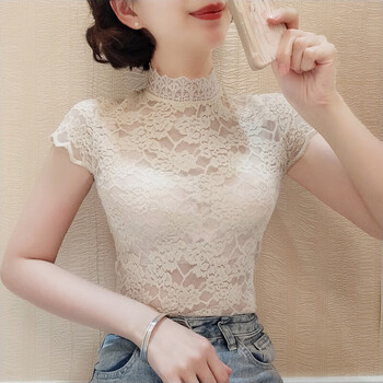 蕾丝打底衫短袖女薄款外穿上衣t恤衫纱纱衣蕾丝衫钩花镂空网纱立领