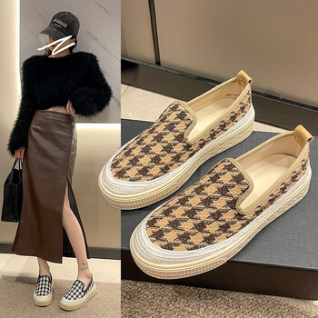 热风布鞋女秋季一脚蹬渔夫鞋小香风千鸟格休闲鞋子韩版百搭平底帆船鞋