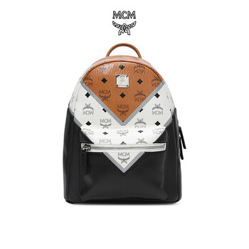 mcm stark visetos m move系列 女士黑白棕拼色logo印花图案双肩包 mm