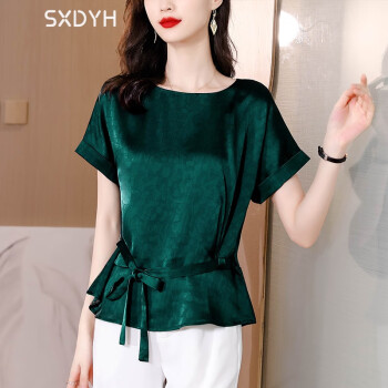 SXDYH重磅真丝短袖T恤女时尚宽松收腰系带印花小衫气 墨绿色 M