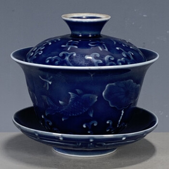 中国古玩大明宣德年製款茶碗藍釉五彩-