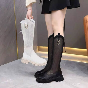 猛仕将网纱不过膝高筒靴女夏季薄款骑士长靴马丁靴透气网面镂空凉靴米