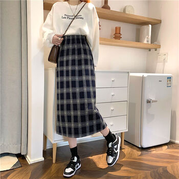毛呢格子半身裙中长款女春秋高腰复古a字裙子长裙春秋新款浅灰色s7590