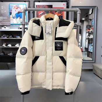 nb潮牌男女徽章地球羽绒服男短运动连帽户外加厚保暖外套 米白色 xl