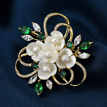 诺尼思轻奢花朵树叶胸针女时尚玉髓珍珠胸花绿色520礼物送男女友别针
