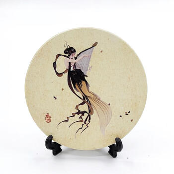 敦煌纪念品壁画藻井飞天陶瓷杯垫莫高窟艺术隔热摆件礼品 米白色 竖琴