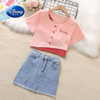迪士尼(disney)女童夏季套装短款炸街童装牛仔短裙网红洋气儿童夏装