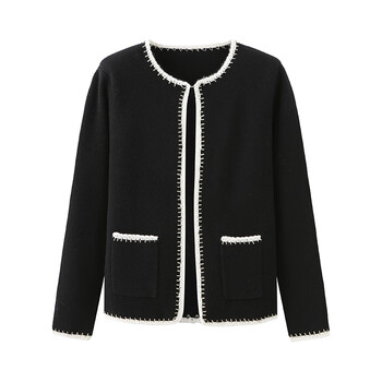 2022春竹春季新款圆领羊绒衫女开衫宽松毛衣上衣女针织女黑色l100