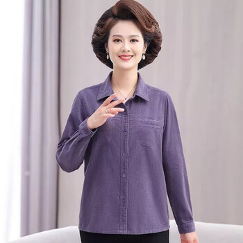 麦尚琪棉灯芯绒长袖衬衫女大码宽松2023年新款春装妈妈色薄外套 紫色