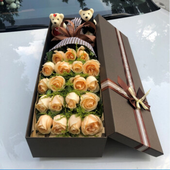 满味园鲜花速递红玫瑰礼盒生日礼物花束送女友老婆全国同城配送花店送花 B款-19朵香槟玫瑰礼盒+2只小熊 鲜花