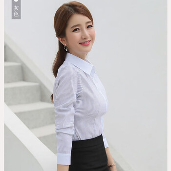 女士商务衬衫白领工作服气质女装职业装条纹工装 灰条长袖撞色衬衫 s
