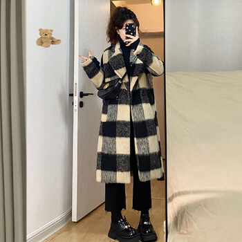liscn长款呢子大衣女格子毛呢外套2023年秋冬季新款英伦风感小个子