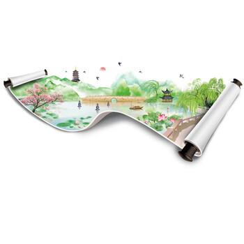 风景画客厅电视背景墙装饰墙贴壁纸墙纸自粘贴画水墨西湖山水画卷大