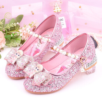 皮鞋2023秋季新款单鞋儿童高跟鞋小女孩水晶鞋公主鞋演出单鞋 粉色 28