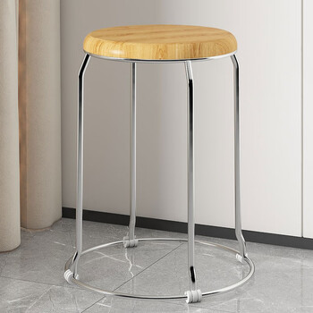 程登凤池餐厅圆凳子钢筋凳子家用凳子聚餐凳可叠摞 加粗四柱橡木硬面