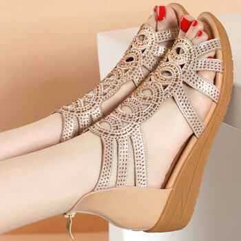 女士夏天半高跟凉鞋女夏水钻罗马女鞋妈妈鞋软底 金色 35