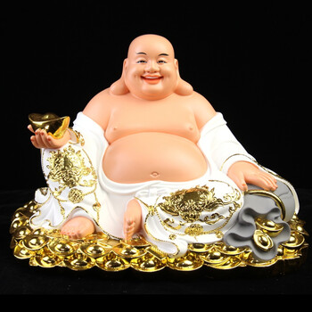 大肚弥勒佛像白衣黄衣宽体笑佛菩萨树脂神像供奉家用客厅摆件 12英寸